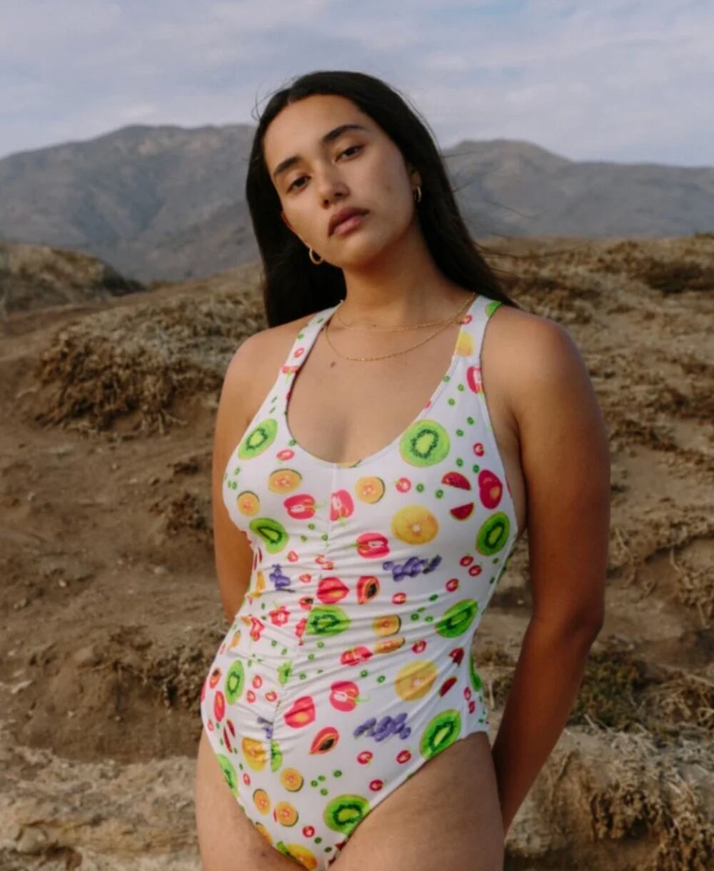 WRAY NWT Porto Swimsuit Multicolor Fruit Print Center-Ruched Open Back Size 4XL